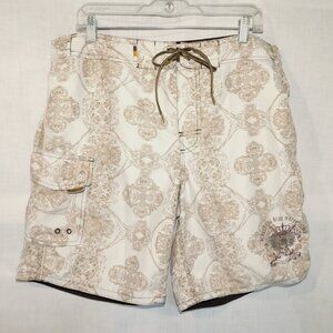 Point Zero Mens L Cream Brown Patterned Lined Paradise Island Board Swim Shorts